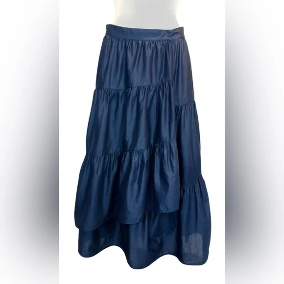 Merlette Tiered Wrap Skirt Size 6 Navy Cotton Poplin Midi Boho - Picture 1 of 11
